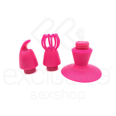 Foto 5 do produto Kit com Vibrador Clássico Recarregável em Silicone com 10 Modos de Vibração + 3 Acessórios para Base - Breathless Orgasm - 15,3 x 4,2 cm | Cor: Rosa