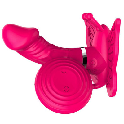 Foto 2 do produto Dibe Camille - Estimulador Clitoriano Recarregável em Forma de Borboleta com Mini Pênis Penetrável, Rotativo, 20 Modos de Vibração e Controle Wireless | Cor: Rosa