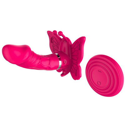 Foto 4 do produto Dibe Camille - Estimulador Clitoriano Recarregável em Forma de Borboleta com Mini Pênis Penetrável, Rotativo, 20 Modos de Vibração e Controle Wireless | Cor: Rosa