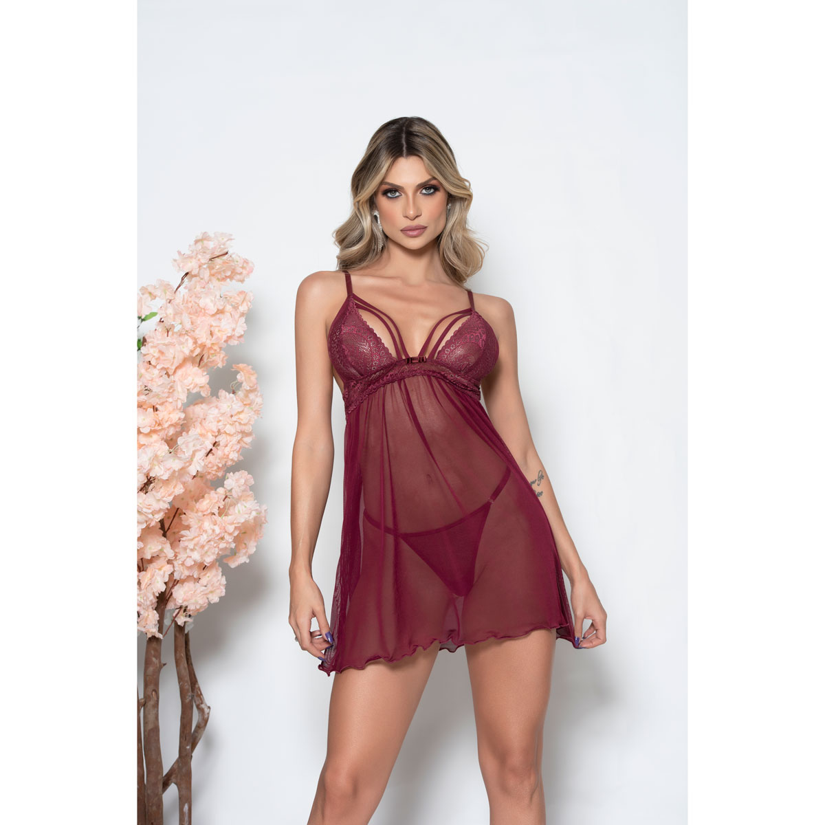 Camisola em Renda, Strap e Tule Transparente com Calcinha Fio Dental - Yaffa Lingerie | Disponível em 3 Tamanhos e 3 Cores - 9