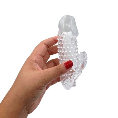 Foto 2 do produto Capa Peniana com Estimulador Clitoriano, Relevos Salientes e Anel para Escroto - 3R Import | 12 x 3,5 cm