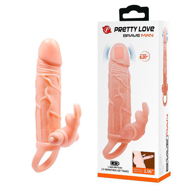 Capa Peniana Extensora Vibratória em Silicone com Glande Definida, Veias Salientes, Anel para Escroto e Estimulador para Clitóris - Pretty Love Brave Man | 12 x 3,3 cm