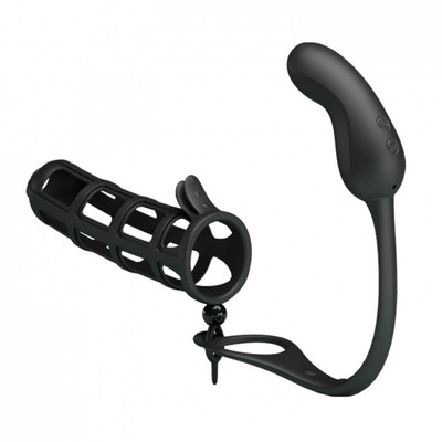 Foto 2 do produto Capa Peniana Vazada em Silicone e Plug Anal Recarregável com 7 Modos de Vibração - Pretty Love Hercules Penis Sheath