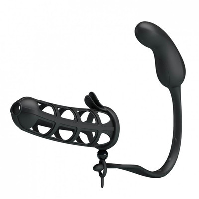 Foto 4 do produto Capa Peniana Vazada em Silicone e Plug Anal Recarregável com 7 Modos de Vibração - Pretty Love Hercules Penis Sheath