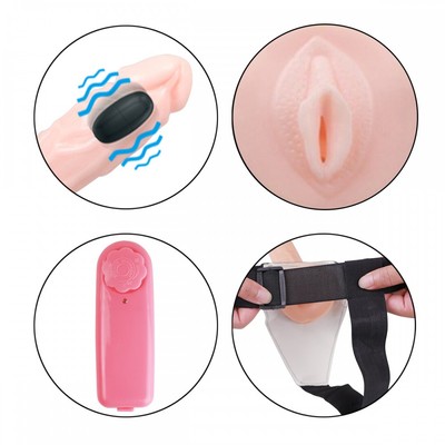 Foto 3 do produto Cinta Ajustável com Capa Peniana em Formato Realístico de Pênis, Bocal de Vagina, Vibração Multivelocidade e Controle com Fio - Wear Penis | 13,5 x 3,9 cm | Disponível em 2 Cores