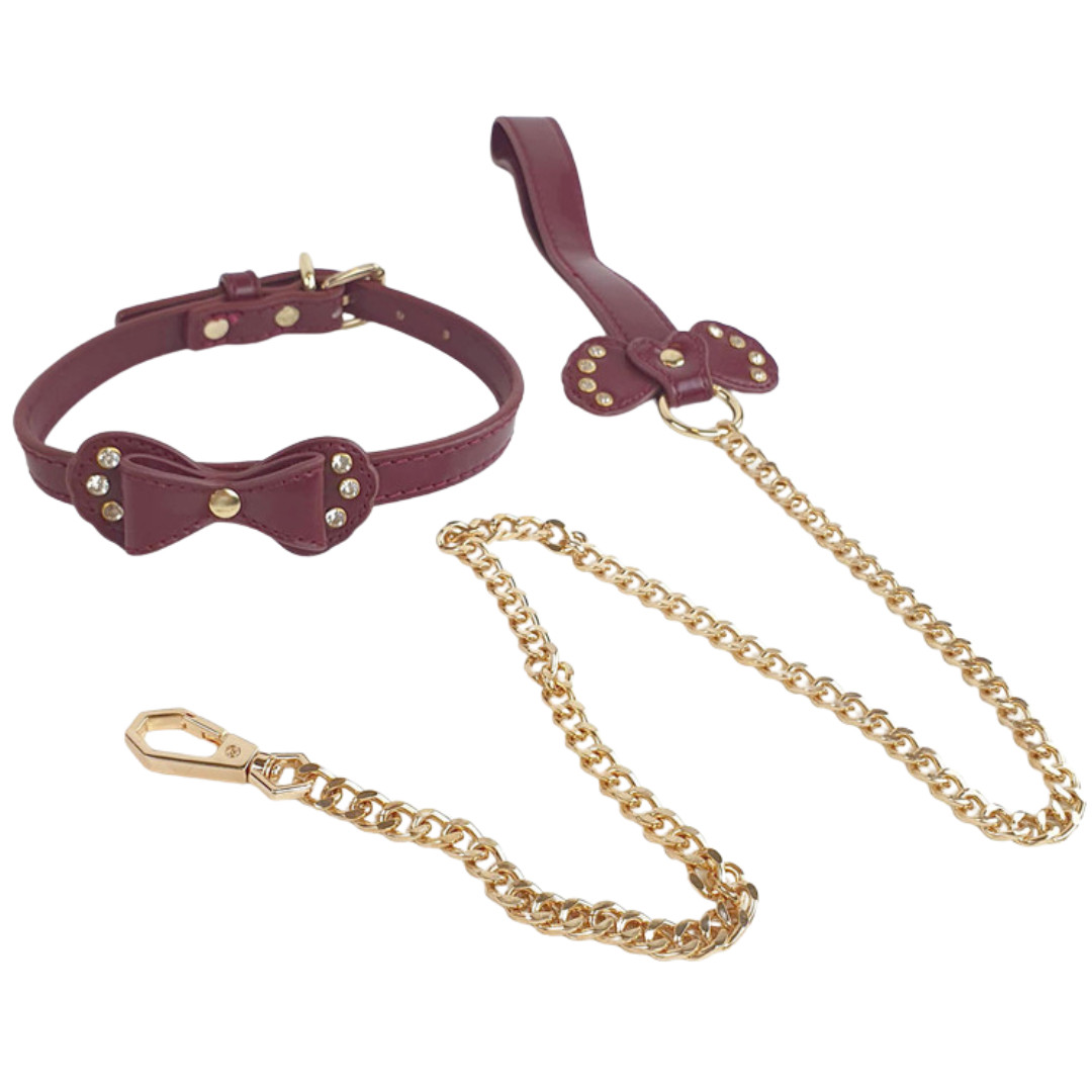 Coleira em Couro Sintético com Detalhe de Laço e Guia com Corrente em Metal Dourada de Luxo - Fetich Bondage | Disponível em 2 Cores - 4