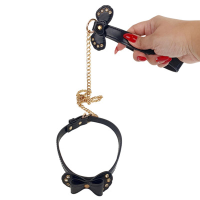 Coleira em Couro Sintético com Detalhe de Laço e Guia com Corrente em Metal Dourada de Luxo - Fetich Bondage | Disponível em 2 Cores