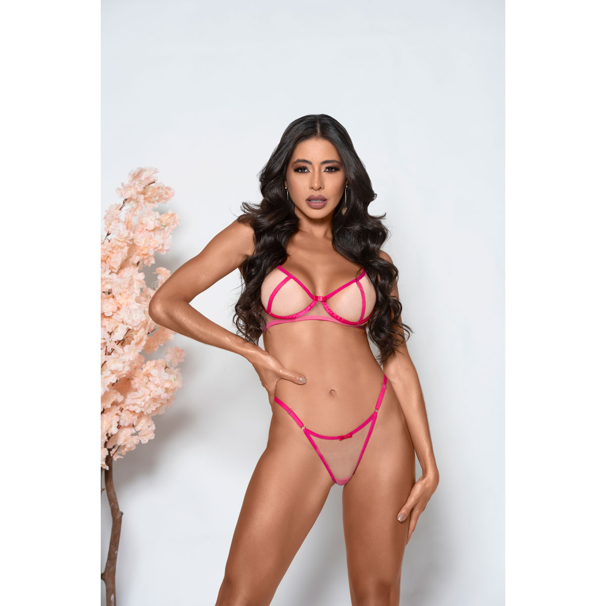 Conjunto de Calcinha Fio Dental e Sutiã em Tule Transparente com Acabamento de Cetim e Renda - Yaffa Lingerie | Disponível em 2 Cores e 4 Tamanhos - 3