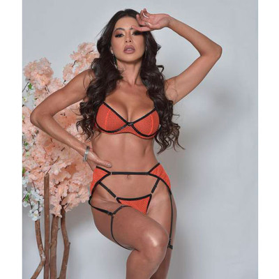 Conjunto de Calcinha e Sutiã em Tecido Telado com Aro de Sustentação, Detalhes em Strap e Cinta Liga com Persex - Yaffa Lingerie | Disponível em 2 Cores e 4 Tamanhos