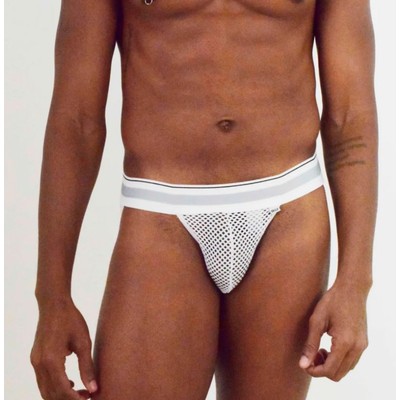 Foto 1 do produto Cueca Jock Strap em Arrastão Branco e Detalhe Listrado - Steves Designer | Tamanho Único