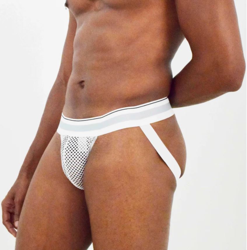 Cueca Jock Strap em Arrastão Branco e Detalhe Listrado - Steves Designer | Tamanho Único - 2