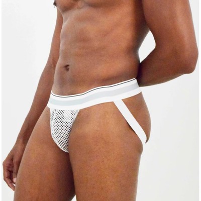 Foto 2 do produto Cueca Jock Strap em Arrastão Branco e Detalhe Listrado - Steves Designer | Tamanho Único
