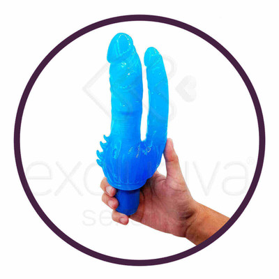 Foto 3 do produto Double Dongs - Prótese Dupla em Formato de Pênis com Vibrador e Saliências Estimuladoras | Cor: Azul