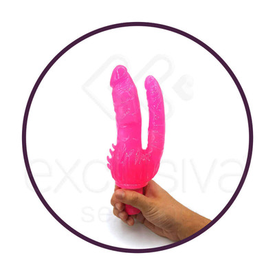 Foto 3 do produto Double Dongs - Prótese Dupla em Formato de Pênis com Vibrador e Saliências Estimuladoras | Cor: Rosa