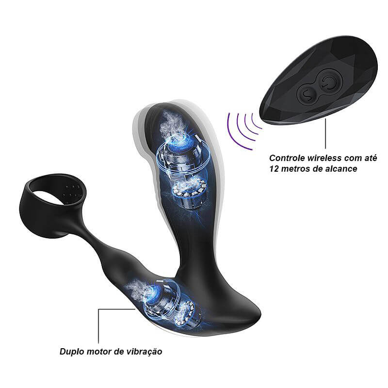 Estimulador de Próstata Recarregável em Silicone com Anel Peniano Texturizado, Função Aquecimento, 7 Vibrações e Controle sem Fio - 10 x 3,1 cm - 6