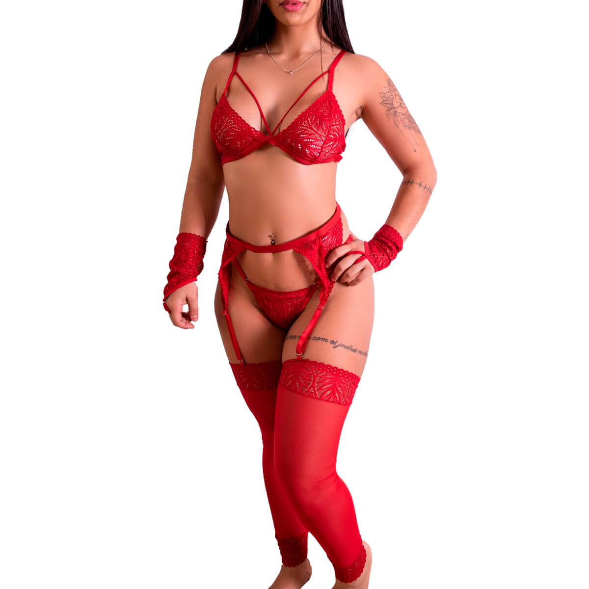 Conjunto em Renda com Strappy, Cinta Liga, Meia e Par de Luvas - Fascino Lingerie | Disponível em 3 Cores e 4 Tamanhos - 3