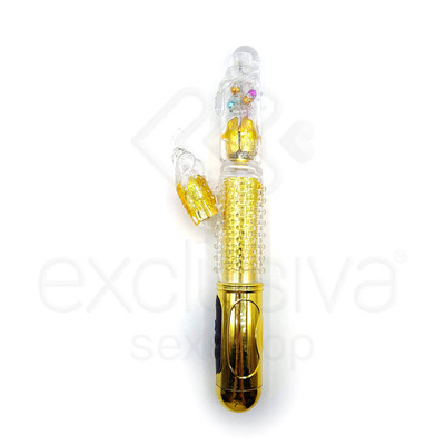 Foto 3 do produto Female Masturbation - Vibrador Rotativo Vai E Vem Recarregável com Vibração, Textura que Abre e Fecha e Estimulador Clitoriano em Forma de Borboleta - 29 x 3,5 CM | Cor: Dourado