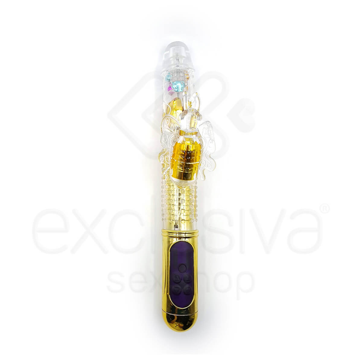 Female Masturbation - Vibrador Rotativo Vai E Vem Recarregável com Vibração, Textura que Abre e Fecha e Estimulador Clitoriano em Forma de Borboleta - 29 x 3,5 CM | Cor: Dourado - 2