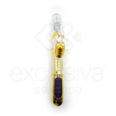 Foto 2 do produto Female Masturbation - Vibrador Rotativo Vai E Vem Recarregável com Vibração, Textura que Abre e Fecha e Estimulador Clitoriano em Forma de Borboleta - 29 x 3,5 CM | Cor: Dourado