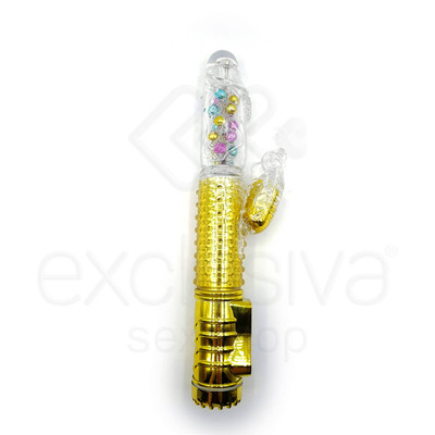 Foto 3 do produto Female Masturbation - Vibrador Rotativo Vai E Vem com Vibro e Estimulador Clitoriano em Forma de Borboleta - 29 x 3,5 CM | Cor: Dourado
