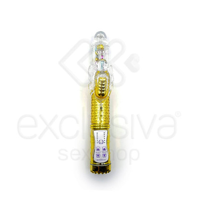 Foto 2 do produto Female Masturbation - Vibrador Rotativo Vai E Vem com Vibro e Estimulador Clitoriano em Forma de Borboleta - 29 x 3,5 CM | Cor: Dourado