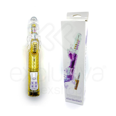 Foto 1 do produto Female Masturbation - Vibrador Rotativo Vai E Vem com Vibro e Estimulador Clitoriano em Forma de Borboleta - 29 x 3,5 CM | Cor: Dourado