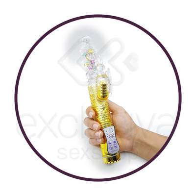 Foto 4 do produto Female Masturbation - Vibrador Rotativo Vai E Vem com Vibro e Estimulador Clitoriano em Forma de Borboleta - 29 x 3,5 CM | Cor: Dourado