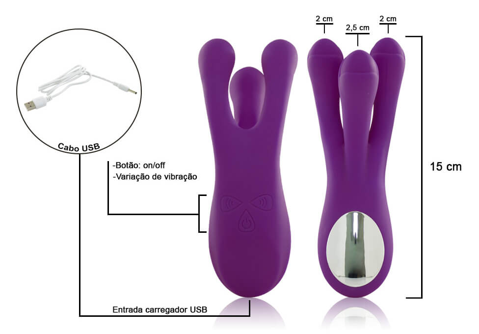 Female Vibrating Massager - Massageador Erótico Recarregável de Três Pontas com 10 Modos de Vibração - 15 x 6 cm | Cor: Roxo - 2