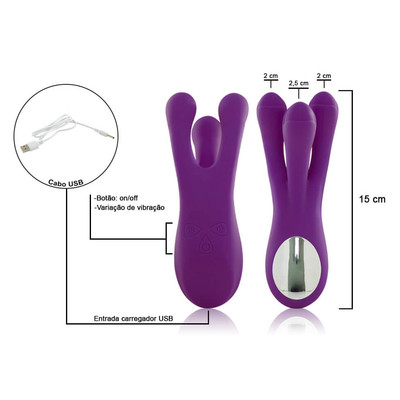 Foto 2 do produto Female Vibrating Massager - Massageador Erótico Recarregável de Três Pontas com 10 Modos de Vibração - 15 x 6 cm | Cor: Roxo