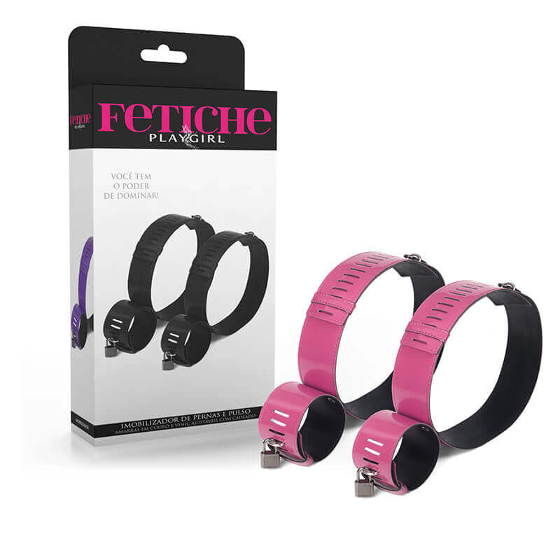 Imobilizador de Pernas e Pulso em Couro Vinil Com Cadeado - Fetiche Playgirl | Disponível em 4 Cores - 3