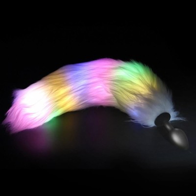 Foto 2 do produto Plug Anal de Luxo Tamanho "P" em Silicone com Formato Cônico, Rabo Vertebrado Branco e Luz - Fox Tail & Cat Ear | 5,9 x 2,7 cm | 42 cm
