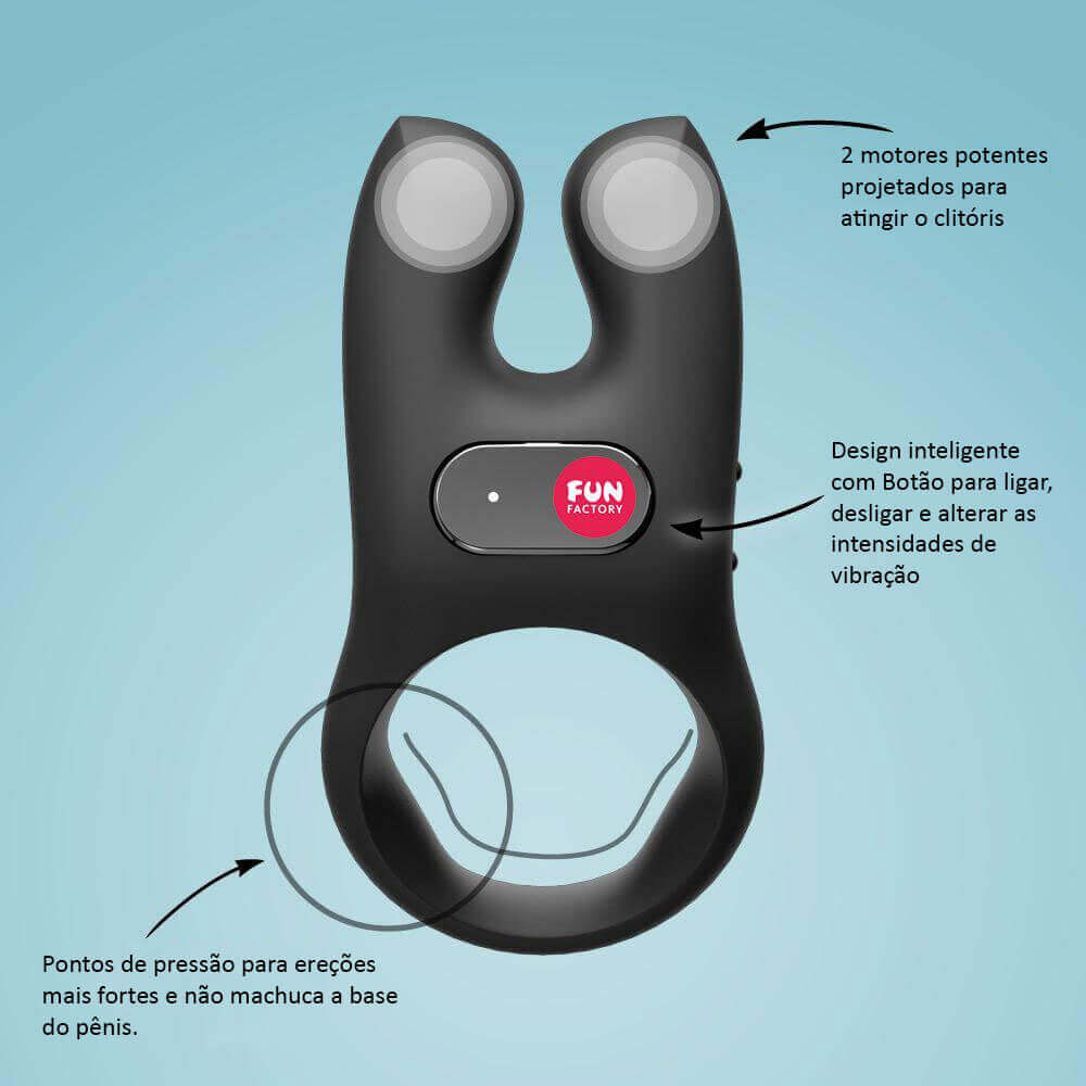 Anel Peniano Recarregável em Silicone com 5 Intensidades de Vibração e Estimulador Clitoriano - Fun Factory Nós | Cor: Preto - 4