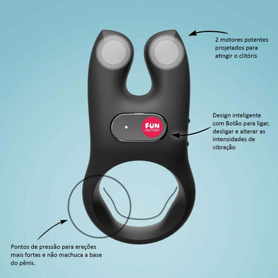 Foto 4 do produto Anel Peniano Recarregável em Silicone com 5 Intensidades de Vibração e Estimulador Clitoriano - Fun Factory Nós | Cor: Preto