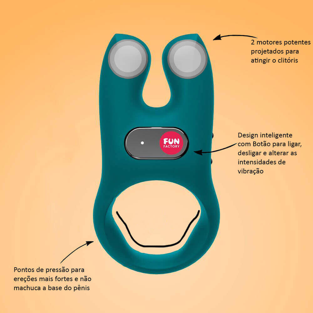 Anel Peniano Recarregável em Silicone com 5 Intensidades de Vibração e Estimulador Clitoriano - Fun Factory Nós | Cor: Azul Mar Profundo - 5
