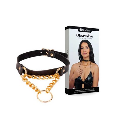 Gargantilha Argola Gold em Couro Montana com Corrente Dourado - New Star Couros | Tamanho Único