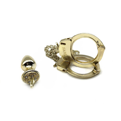 Foto 6 do produto Par de Algemas em Metal com Chave de Segurança e Plug Anal "P" com Detalhes de Pedras Cravejadas - HARD | 6 x 2,6 cm | Disponível em 3 Cores