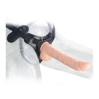 Foto 4 do produto Harness Curved Dong - Cinta Ajustável com Prótese Realística, 10 Modos de Vibração e Controle com Fio - 15,7 x 3,9 cm | Cor: Bege
