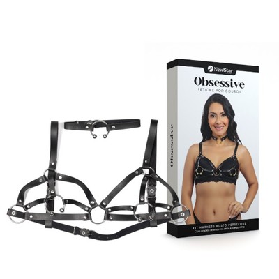 Kit Harness Perséfone com Gargantilha em Couro Montana com Argolas Abertas Niqueladas - New Star Couros | Disponível em 2 Tamanhos