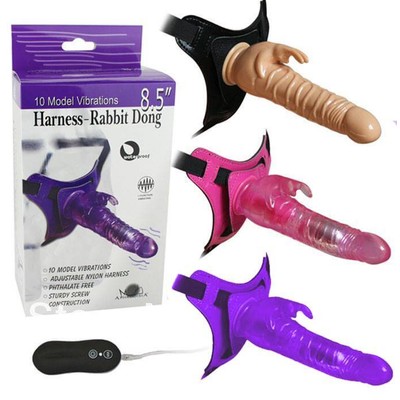 Foto 1 do produto Cinta Ajustável com Pênis e Estimulador Clitoriano em Forma de Coelho, 10 Modos de Vibração e Resistência à Água - Harness-Rabbit Dong | Disponível em 3 Cores