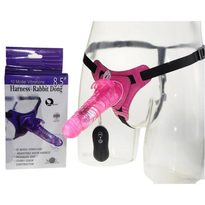 Foto 5 do produto Cinta Ajustável com Pênis e Estimulador Clitoriano em Forma de Coelho, 10 Modos de Vibração e Resistência à Água - Harness-Rabbit Dong | Disponível em 3 Cores
