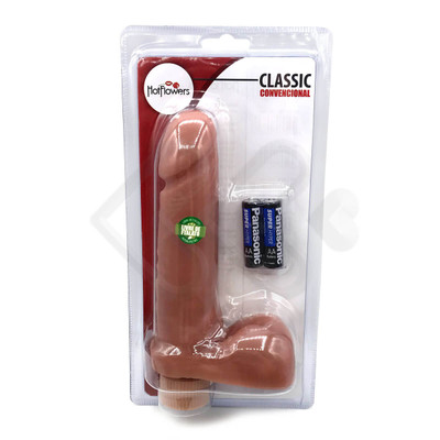 Foto 2 do produto Prótese Peniana em Formato de Pênis com Escroto e Vibração Multivelocidade - Hot Flowers Classic | 15,7 x 4 cm