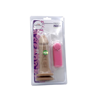 Prótese Peniana Realística com Glande, Ventosa e Vibração Multivelocidade com Controle com Fio - Hot Flowers Fogo da Paixão | 14,5 x 3,8 cm