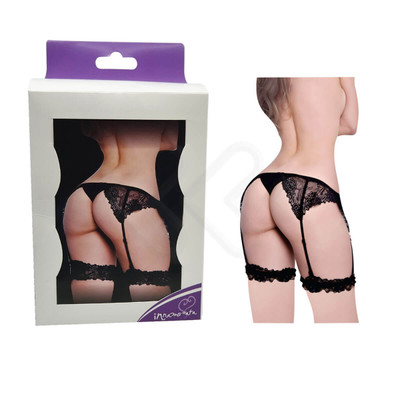 Cinta Liga Preta Renda com Elastano, Persex e Calcinha Fio Dental em Tule Transparente - InNamorata Love Items - Tamanho Único