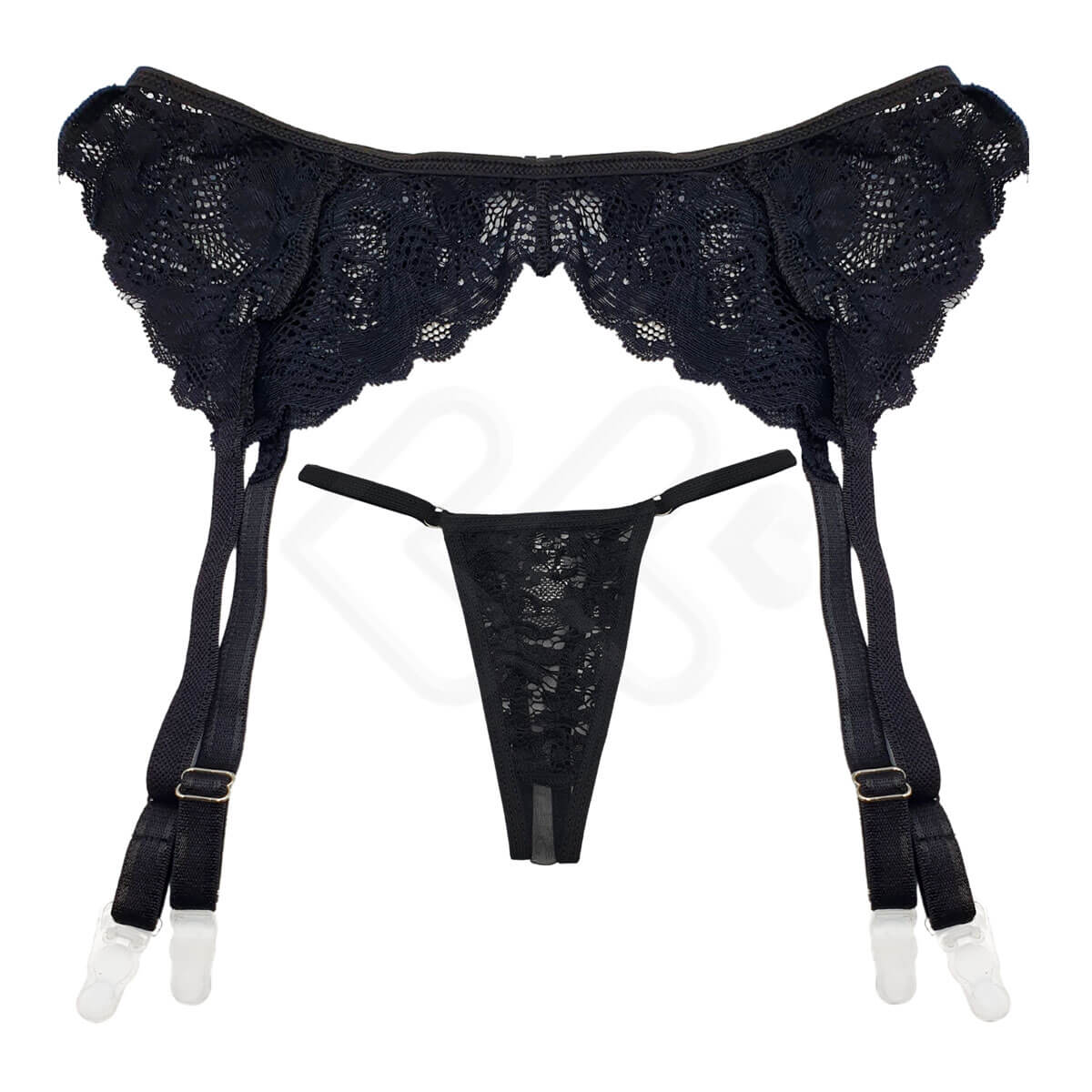 Cinta Liga Preta Renda com Elastano, Persex e Calcinha Fio Dental em Tule Transparente - InNamorata Love Items - Tamanho Único - 7