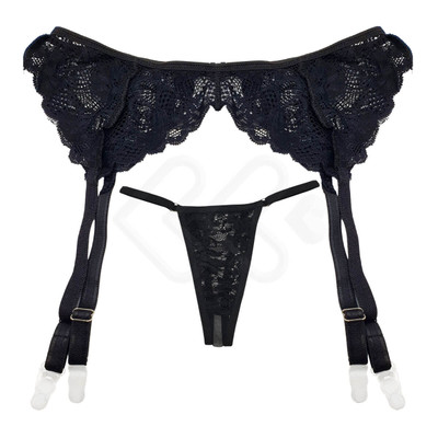 Cinta Liga Preta Renda com Elastano, Persex e Calcinha Fio Dental em Tule Transparente - InNamorata Love Items - Tamanho Único