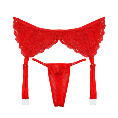 Cinta Liga Vermelha em Renda Guipir com Persex e Calcinha Fio Dental em Tule Transparente - InNamorata Love Items | Tamanho Único