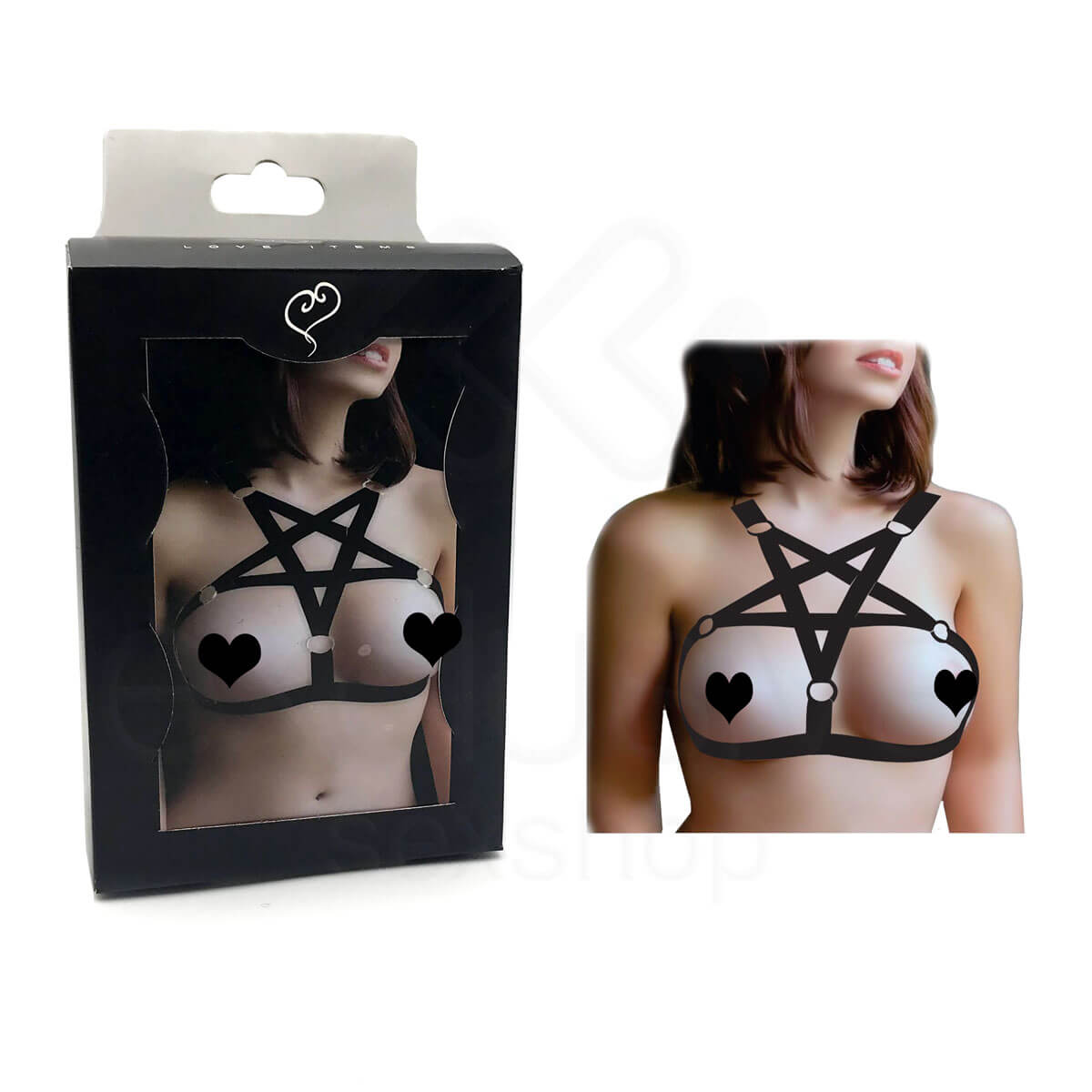 Arreio Feminino em Forma de Pentagrama Invertido em Couro Ecológico e Detalhes em Rebites - InNamorata Love Items Top Star - 1