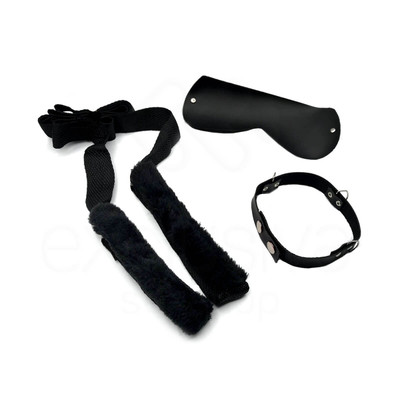 Arreio Estilo "Cavalinho" com Alças em Pelúcia e Coleira em Couro com Venda Ajustável - InNamorata Sex Night | Disponível em 5 Cores