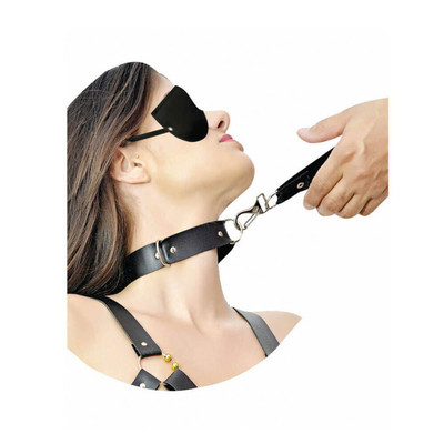Coleira Guia Feminina em Couro Ecológico com Venda para os Olhos e Puxador em Nylon - InNamorata Sex Night