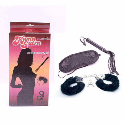 Kama Sutra Accessories - Kit Bondage com Algema, Venda e Chicote de Couro Sintético